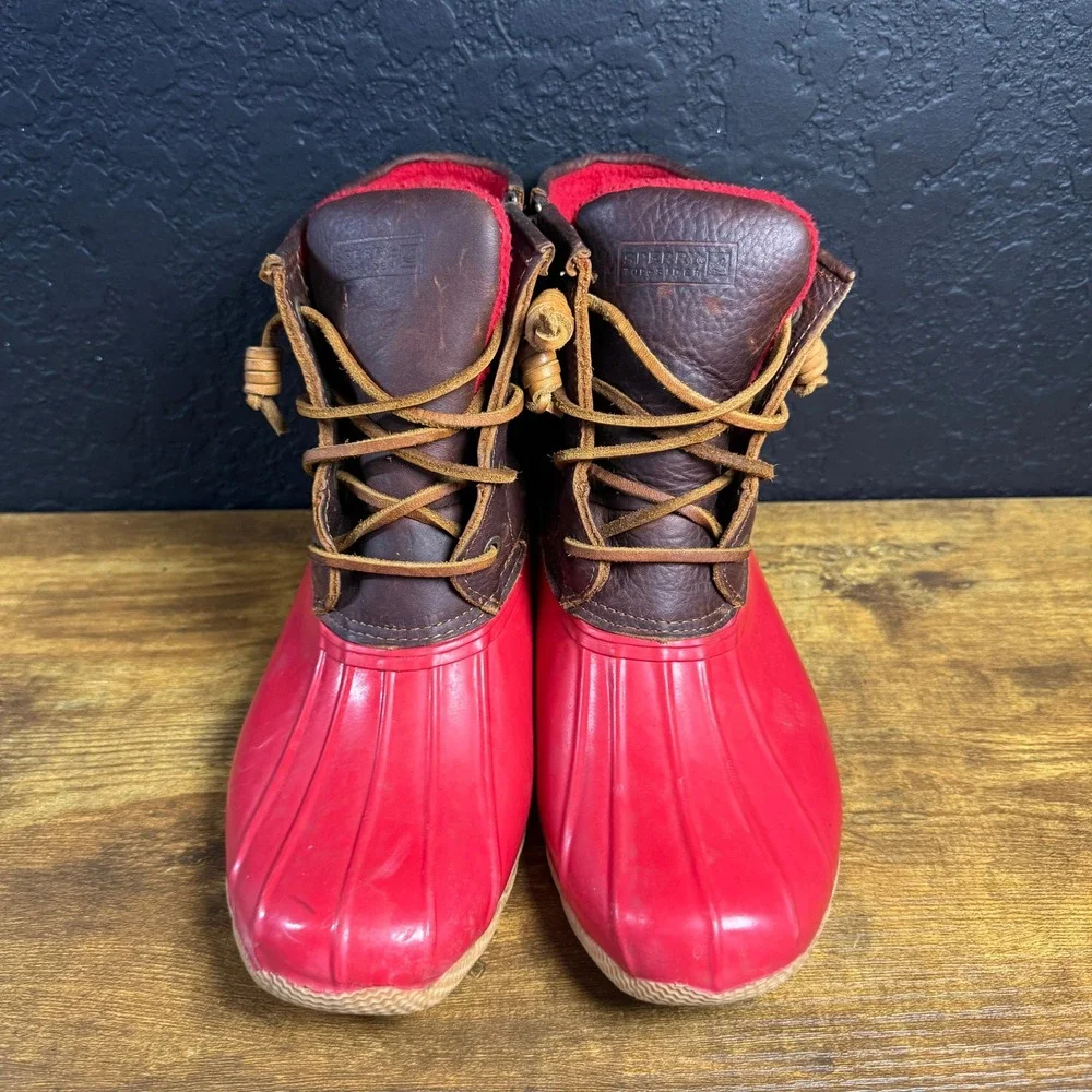 Sperry Saltwater STS90994 Red‎ Brown Leather Rubber Duck Boots Womens Size 8